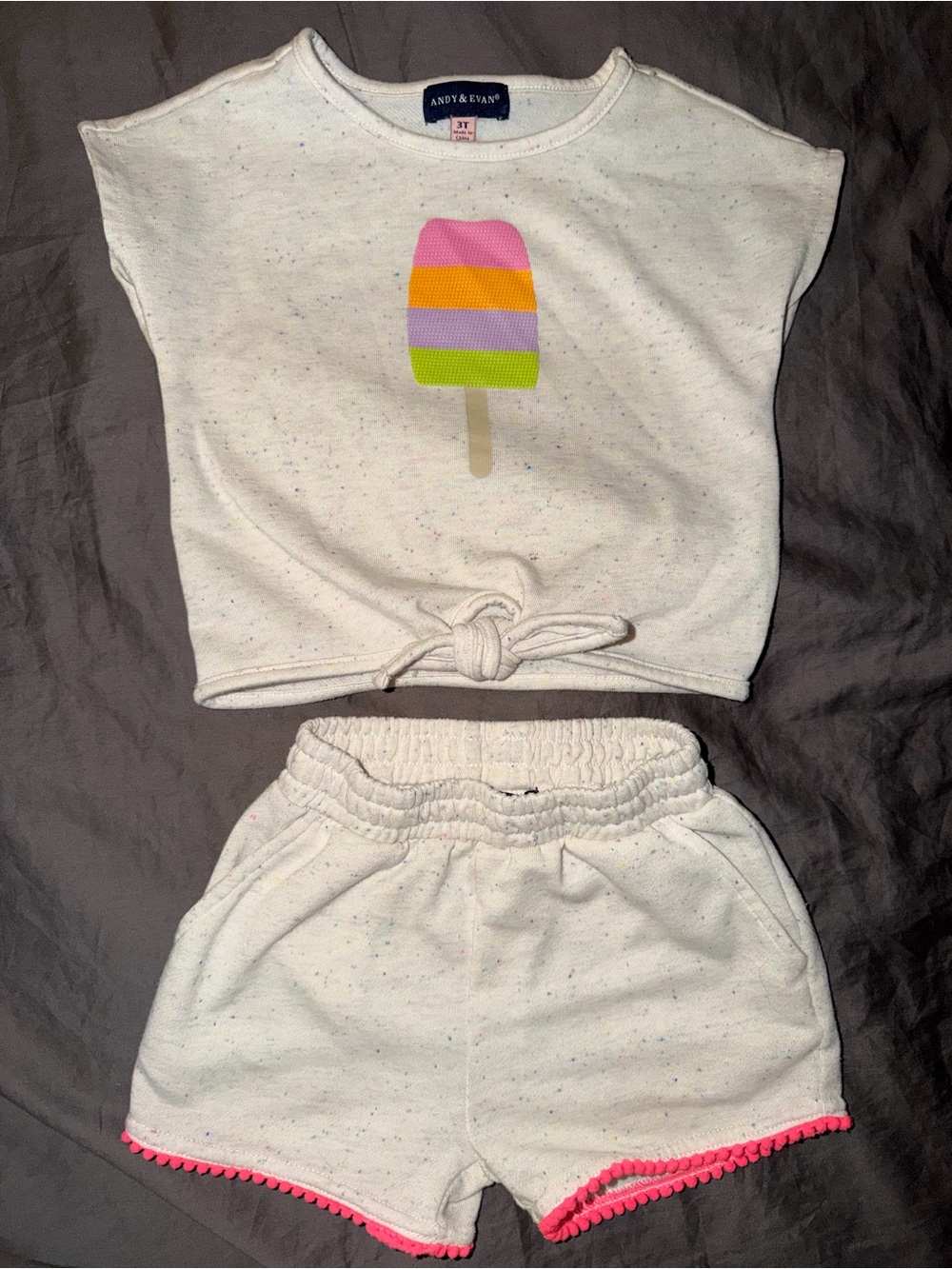 Andy & Evan Cream Speckled Popsicle Tie-Front Top & Cream Shorts with Pink Trim